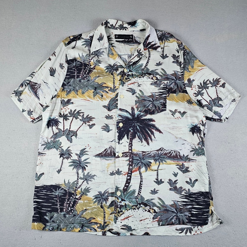 AllSaints Hawaiian Shirt Mens Large White Short Sleeve Palm Trees Mountains Sea